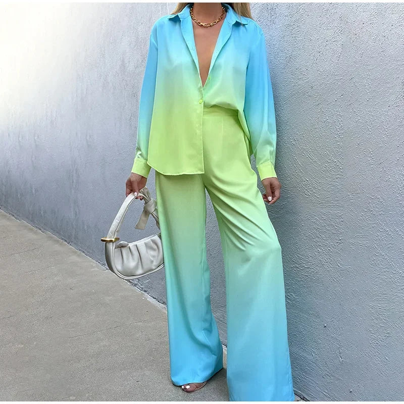 Female Casual Outfit New Summer Print Suits Woman Vintage Printed Long-sleeved Shirt and Loose Wide Leg Pants Set Two Piece Set