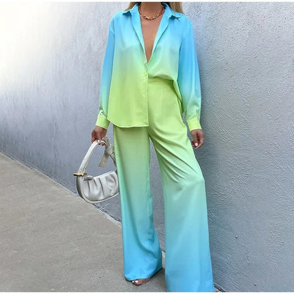 Female Casual Outfit New Summer Print Suits Woman Vintage Printed Long-sleeved Shirt and Loose Wide Leg Pants Set Two Piece Set