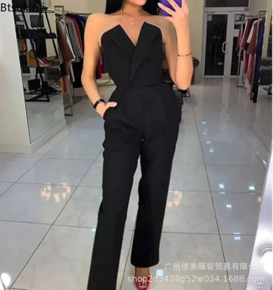 2025 Women's Elegant Jumpsuits Solid Off Shoulder Sexy Club Jumpsuit Female Sleeveless High Waist Slim Wide Leg Jumpsuit Pants.