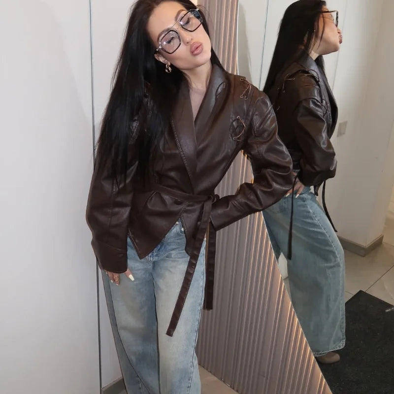 Women Vintage Brown Leather Jacket Lapel Padded Shoulder High Waist Leather Coat With Belt 2025 Lady Autumn Fashion Short Coats.