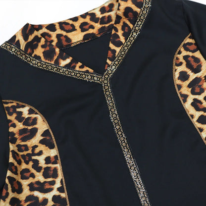 Elegantes arabisches Frauen-Partykleid, afrikanischer V-Ausschnitt, Leopardenmuster, langärmelig, Abaya, modische muslimische Dame, Urlaubskleid, islamische Kleidung