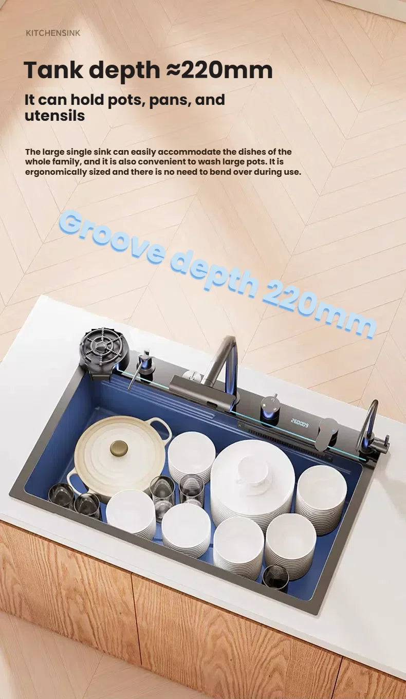 Intelligent Waterfall Stainless Steel Kitchen Sink MultiFunctional Digital Display Porous Large Single Slot Wash Dish Basin