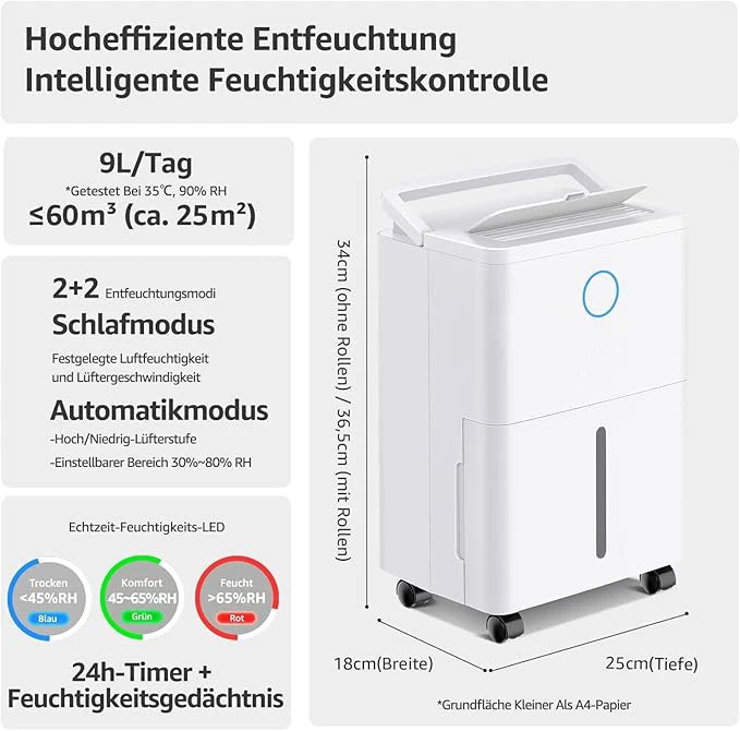 Dehumidifier with 4 operating modes, digital display, drain hose, for 150 m³ rooms, dehumidification 9l/day.