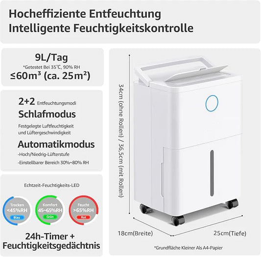 Dehumidifier with 4 operating modes, digital display, drain hose, for 150 m³ rooms, dehumidification 9l/day.