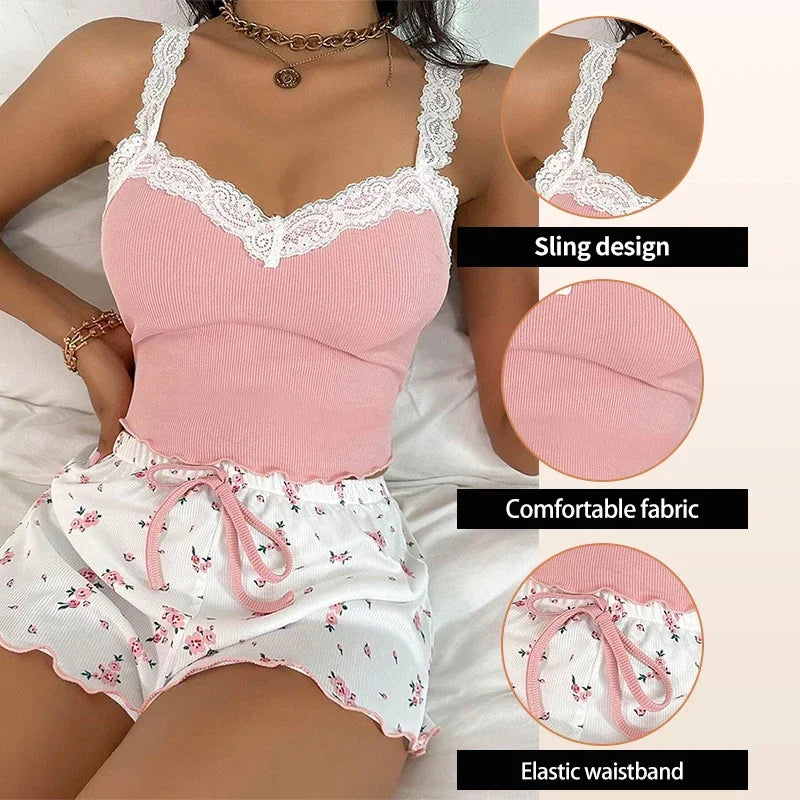 Zweiteiliges Sommer-Pyjama-Set für Damen, gerippt, gestrickt, Blumendruck, Spitzenbesatz, Leibchen, Weste und Schleifen-Shorts, sexy Pyjama-Set.