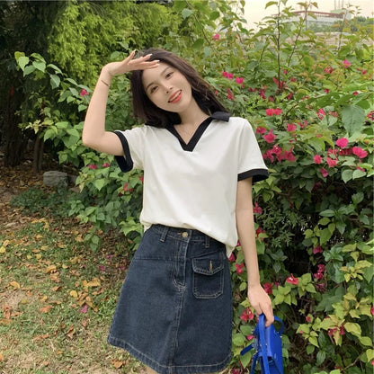 American Style Sweet And Spicy Girl Polo Shirt Women's Summer New Student Design Slimming Short Sleeve T-shirt Color Block.