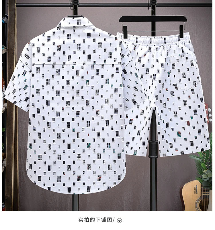 Men Summer 2 Pieces Set Tracksuit Men's Shirt Shorts Harajuku Streetwear Oversized Men Sets Short Outfits Suits.