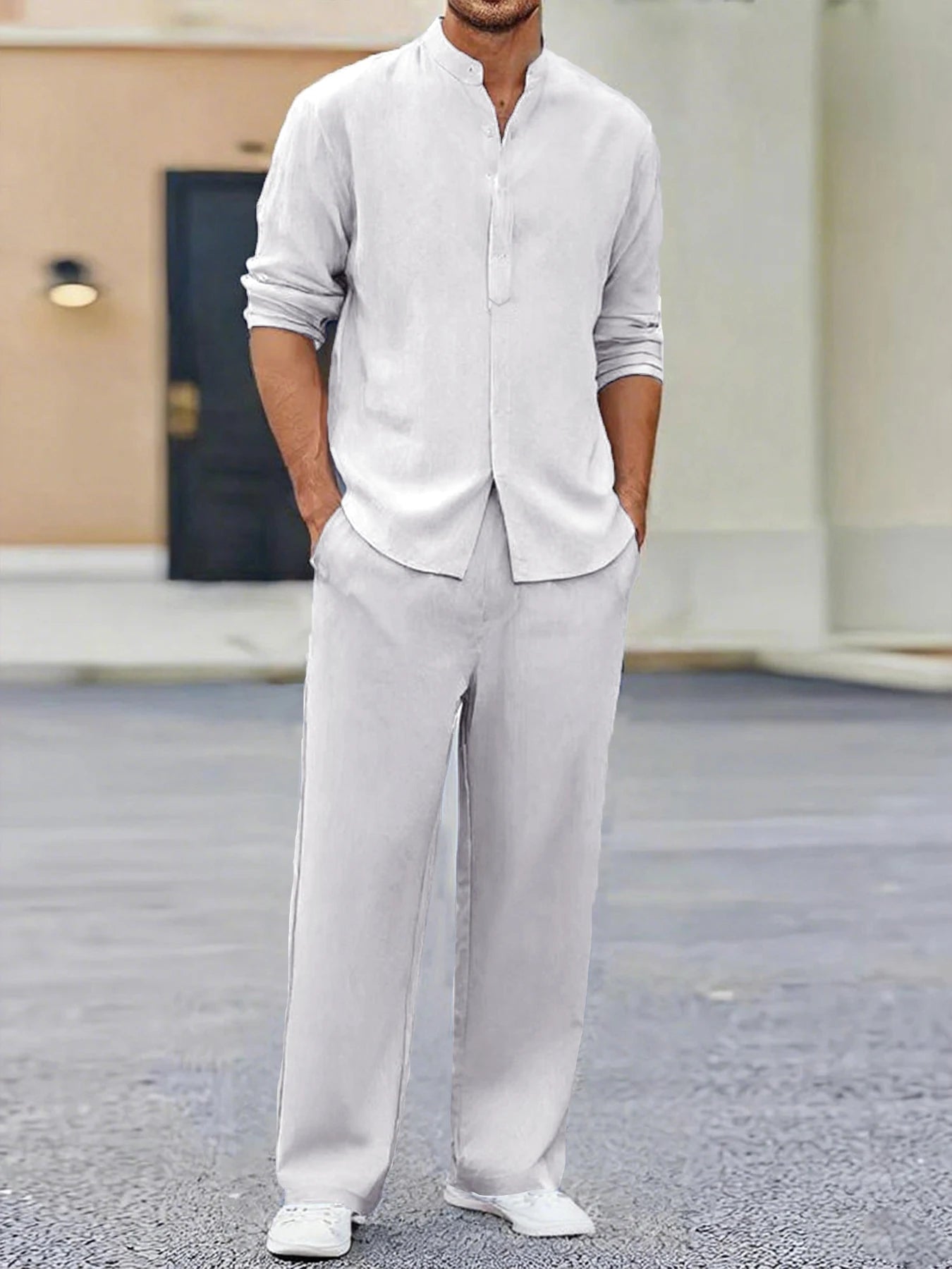 Summer Men's Two Pieces Casual Outfit Loungewear Solid Color Long Sleeves Shirt Breathable Trousers Suits Men Loose Streetwear.