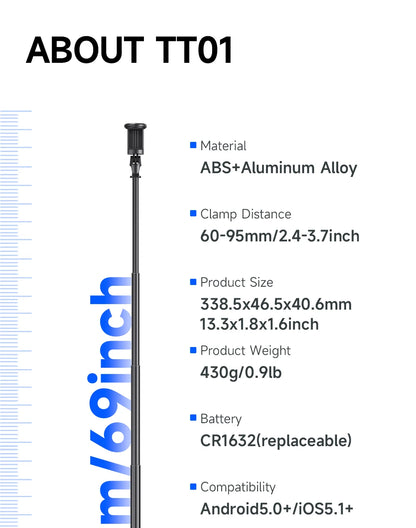 TT01 1770mm All-in-one Auto Pop Open Tripod Bluetooth Remote Tripod Bounce Selfie Stick Phone Holder for Vlog/Video