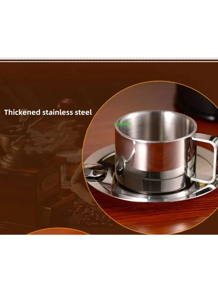 1Set Stainless Steel Coffee Cup Set Double Walled Heat Resistant Mug with Saucer Spoon Drink Tableware Kitchen Cafe Accessories.