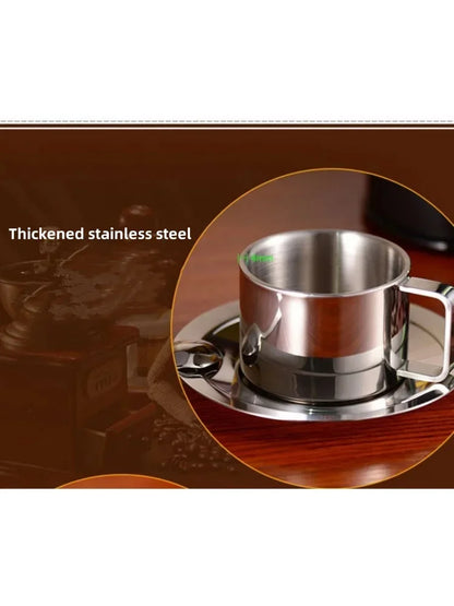 1Set Stainless Steel Coffee Cup Set Double Walled Heat Resistant Mug with Saucer Spoon Drink Tableware Kitchen Cafe Accessories.