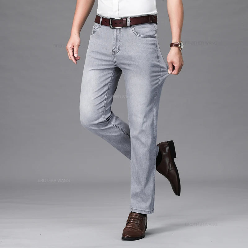 Brand Men's Fashion Summer Thin Jeans Comfortable Stretch Cotton Business Straight Casual Denim Pants Light Gray Blue Pants.