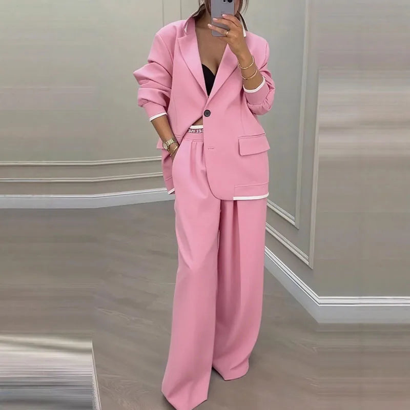 Autumn Casual Women's Suit Set Sexy Turn-down Collar Button Blazer & Straight-leg Pants Set Winter Solid Long Sleeve Chic Outfit.