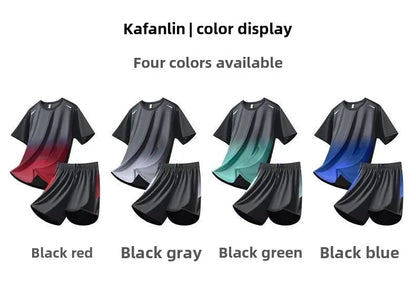 Men's Fitness Ice Silk Sports Suit Short Sleeve Training Room Basketball Morning Run Summer Outfit Shorts And T-shirt Set.