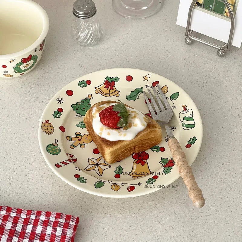 Cute Ceramic Plates Christmas Party Desserts Cake Plates Children's Breakfast Milk Cups Household Kitchen Ceramic Noodle Bowls.