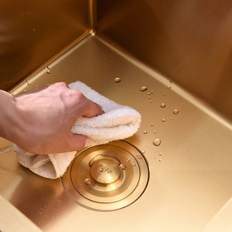 Goldene Küchenspüle über der Theke, Doppelschüssel, Goldkorb, Abtropffläche, Seifenspender, Waschbecken, Spülbecken aus Edelstahl 304, Spülbecken