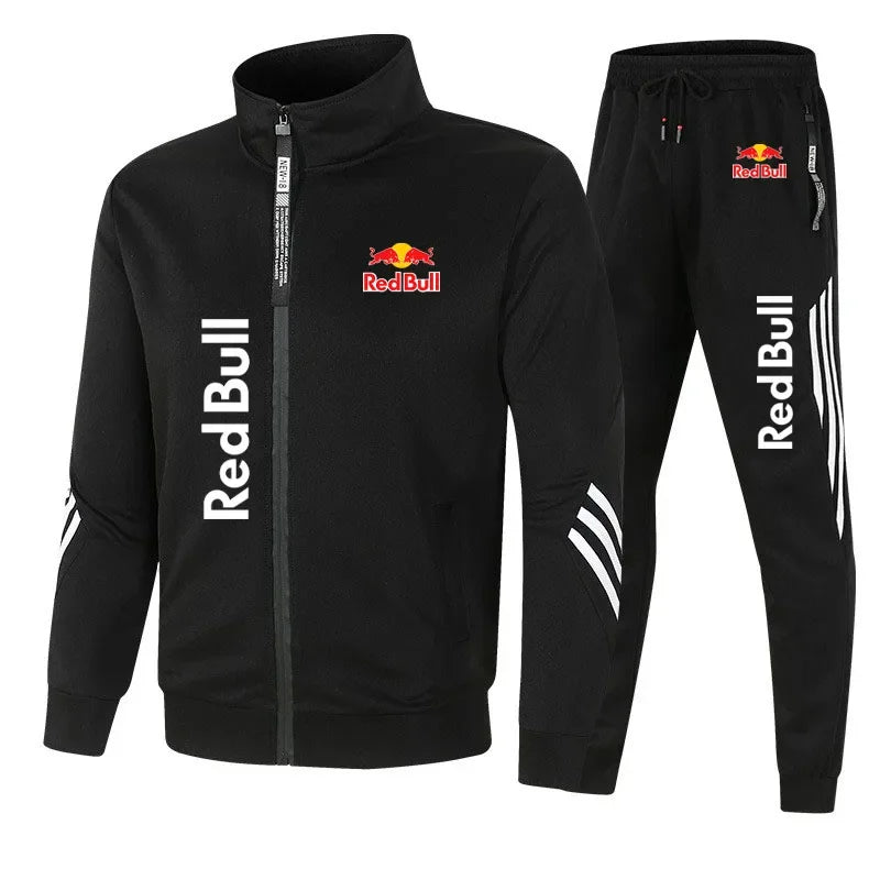2025 Red Bull Logo Men's Hoodie Set Two-piece New Red Bull Brand Logo Printed Zipper Jacket Solid Color Simple Cycling Suit.