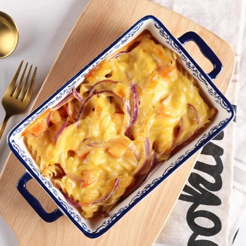 Rectangular/elliptical Double Ear Plate Cheese Baked Rice Tray Ceramic Baking Tray Oven Household Large Square Plate Tableware.