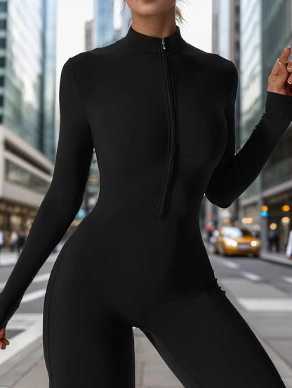 European And American Cross-Border Autumn Winter Zipper-Up Long Sleeve Yoga Onesie Women's Sports Fitness Seamless Bodysuit.