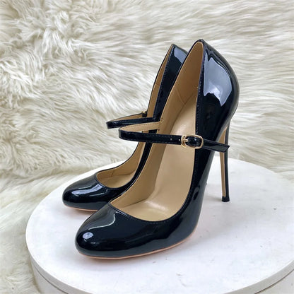 Round Toe Stiletto Shoes For Women Black Mary Jane Shoes 10CM 12CM Thin High Heels Spring Autumn Buckle Strap Fashion Sexy Pumps.