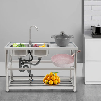 Dual Sink Stainless Steel Sink, Large Capacity, 360° Rotating Faucet, Raised Edges, Layered Filtration for Kitchens