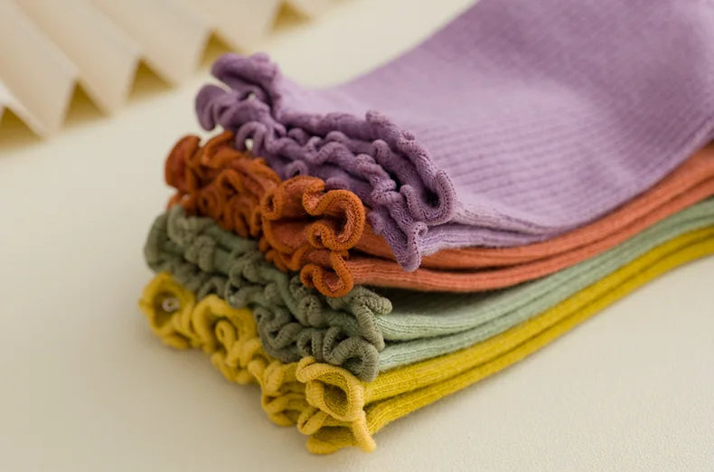 5 Pairs of Women's Solid Color Cotton Socks Japanese Style Ruffle Stacked Socks Cute Laciness Women's Long Socks.