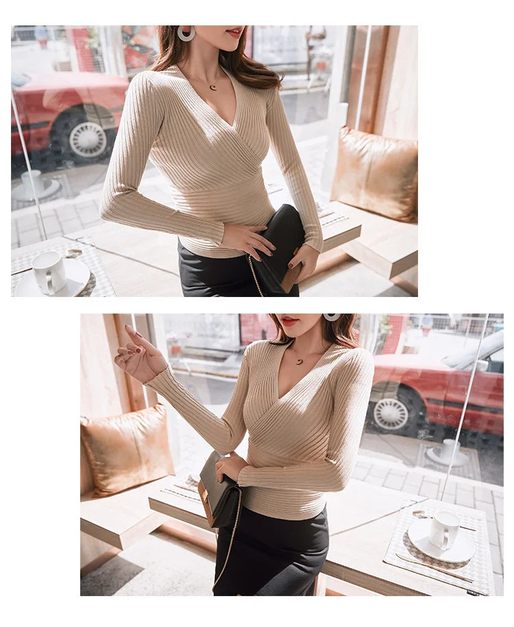 Kurze Grundlegende Pullover Frauen 2023 Sexy Tiefem V-ausschnitt Pullover frauen Pullover Schlank Bodenbildung Pullover Weibliche Elastische Baumwolle Tops.