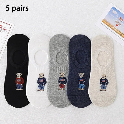 5 Pairs of Super Cute Bear Embroidered Cartoon Bear Boat Socks, Soft and Comfortable, Sweat Wicking and Versatile Short Socks.
