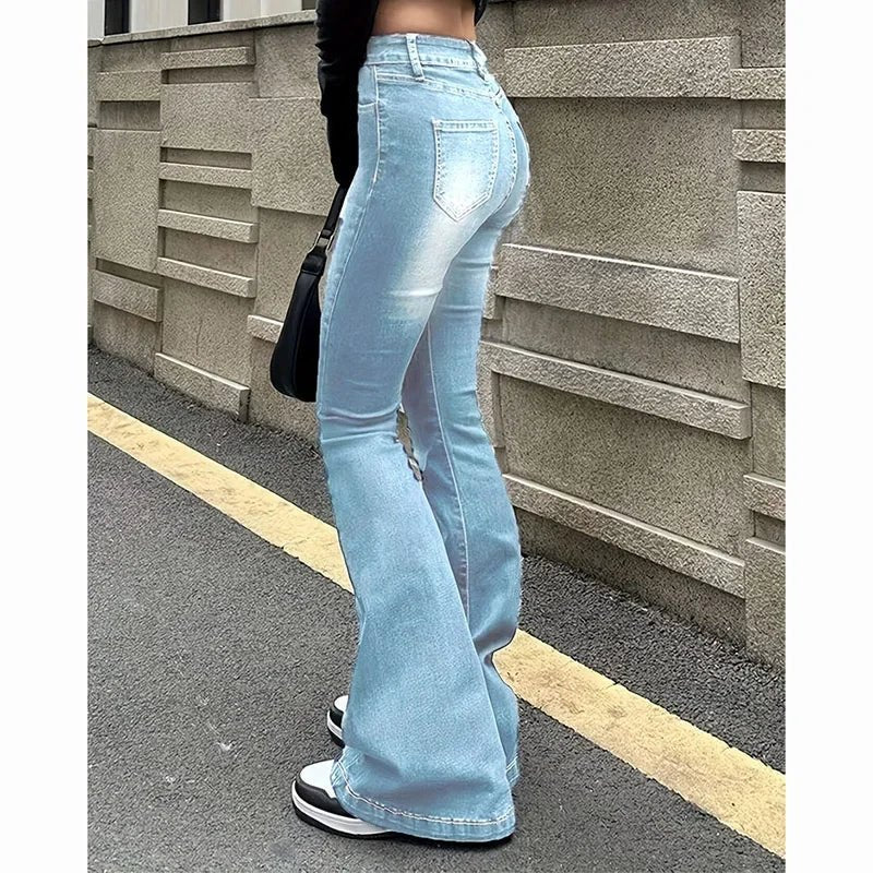2025Mädchen Concise Ins Hohe Taille Ausgestellte Jeans Weibliche Stretchy Bootcut Denim Hosen Frauen Einfarbig Dünne Schlaghosen.