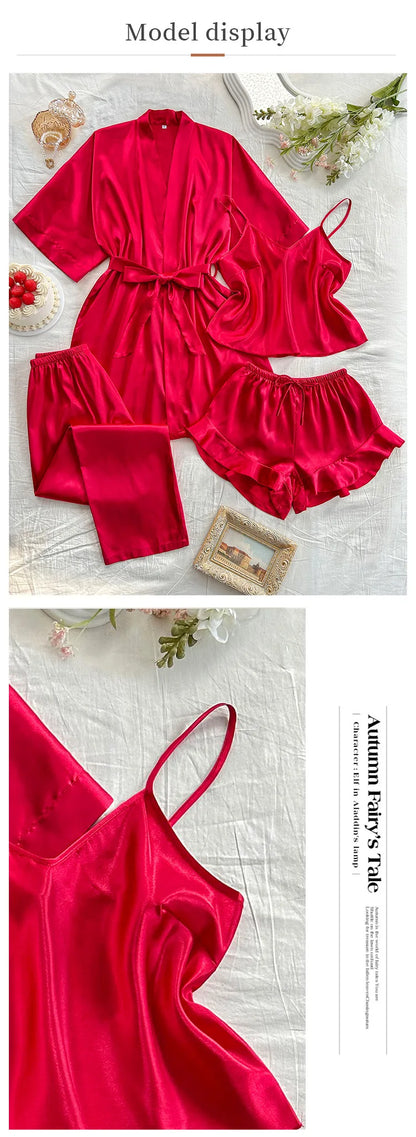 Frühling Sommer Neue Frauen Pyjama Vier Stück Anzug Nachtwäsche Seidige Satin Kimono Bademantel Hosen Anzüge Lose Hause Kleidung Loungewear.