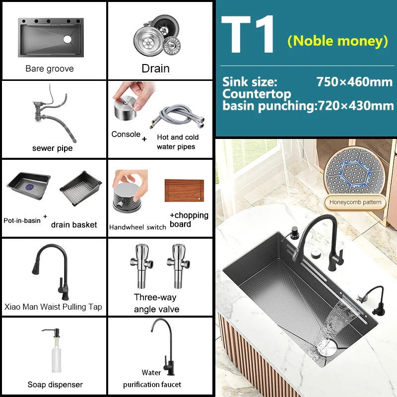Waterfall Sink Large Single Slot Stainless Steel Kitchen Sink Embossed Washbasin Under The Basin Installation For Kitchen