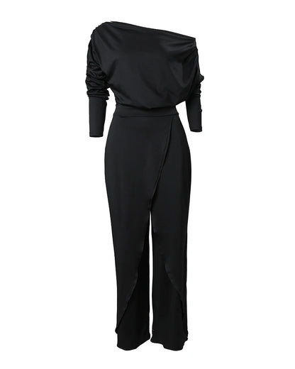 Elegant Jumpsuits for Women 2025 Spring New Plain Elegant Office Lady Loose Ruched Cold Shoulder Split Hem Wide Leg Jumpsuit.