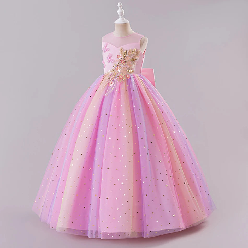 Elegantes, ärmelloses Tüll-Ballkleid für Kinder, Bühnenaufführungen, Hochzeiten, Weihnachten, Mädchenkleider, Mädchen-Prinzessin-Partykleider.