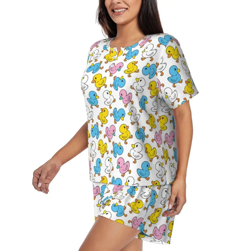Benutzerdefinierte Frauen Gelb Klassische Gummi Ente Pyjamas Set Gedruckt Zwei-stück Pj Sets Kurzarm Nachtwäsche Loungewear