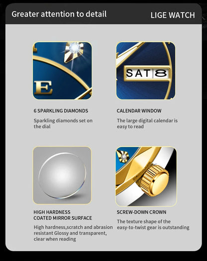 LIGE 2025 brand luxury women's watches waterproof luminous date day Ladies Watch stainless steel quartz watches for women reloj.