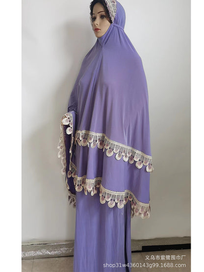 Ramadan  Long Khimar Muslim Abaya Women Prayer Garment Saudi Prayer Dress Lace Trim Silky 2 Piece Skirt Sets Eid Niqab jilbab.