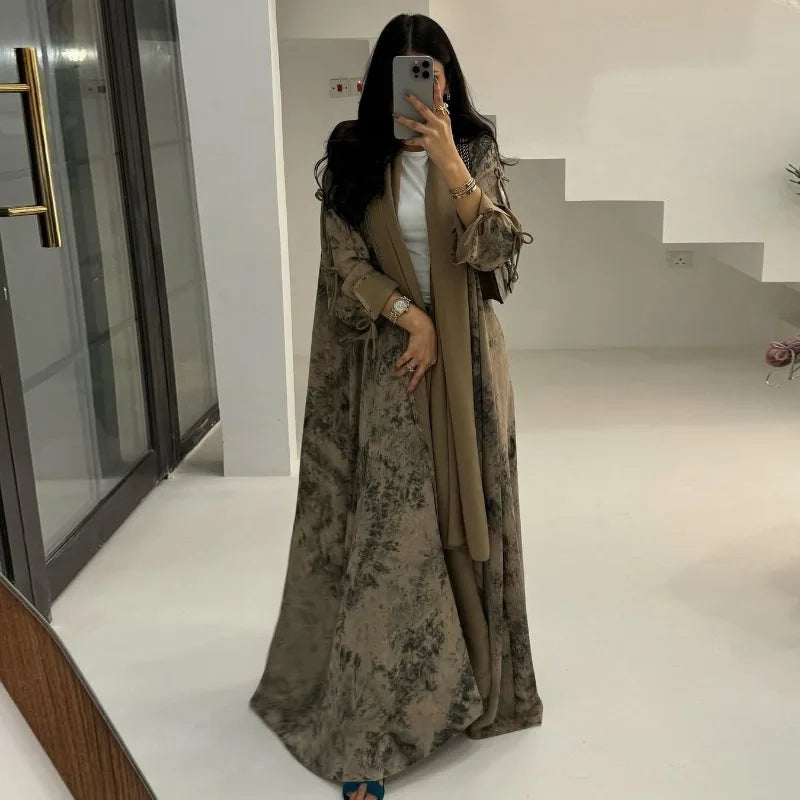 2025 sommer Arabisch Frauen Muslimische Kleidung Ramadan Dubai Offene Abaya Kleid mit Hijab Islam Gedruckt Chiffon 2 Stück Outfit.