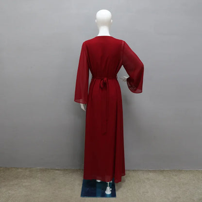 Muslim Set Dress Women Four-season Commute Muslim Set Fashion Party Dubai Turkey Long Sleeve Chiffon Cardigan Dress and Vest 2ps