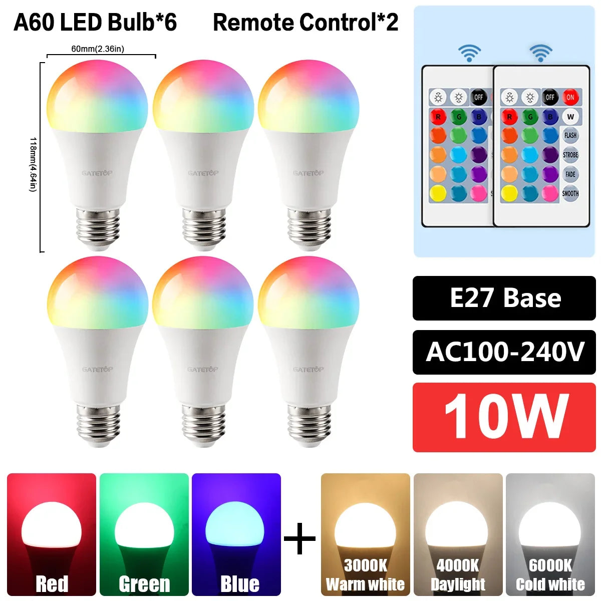 E27 RGB LED Bulb Base 24 Key Remote Control Dimmable 10W RED Blue AC220V 110V Colorful Change for Bedroom Living Room Desk Lamp.