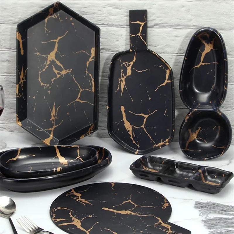 Marble Texture Imitation Melamine Plate BBQ Tableware Cake Fruits plates Snack Tray Outdoor Party Dishes Steak.