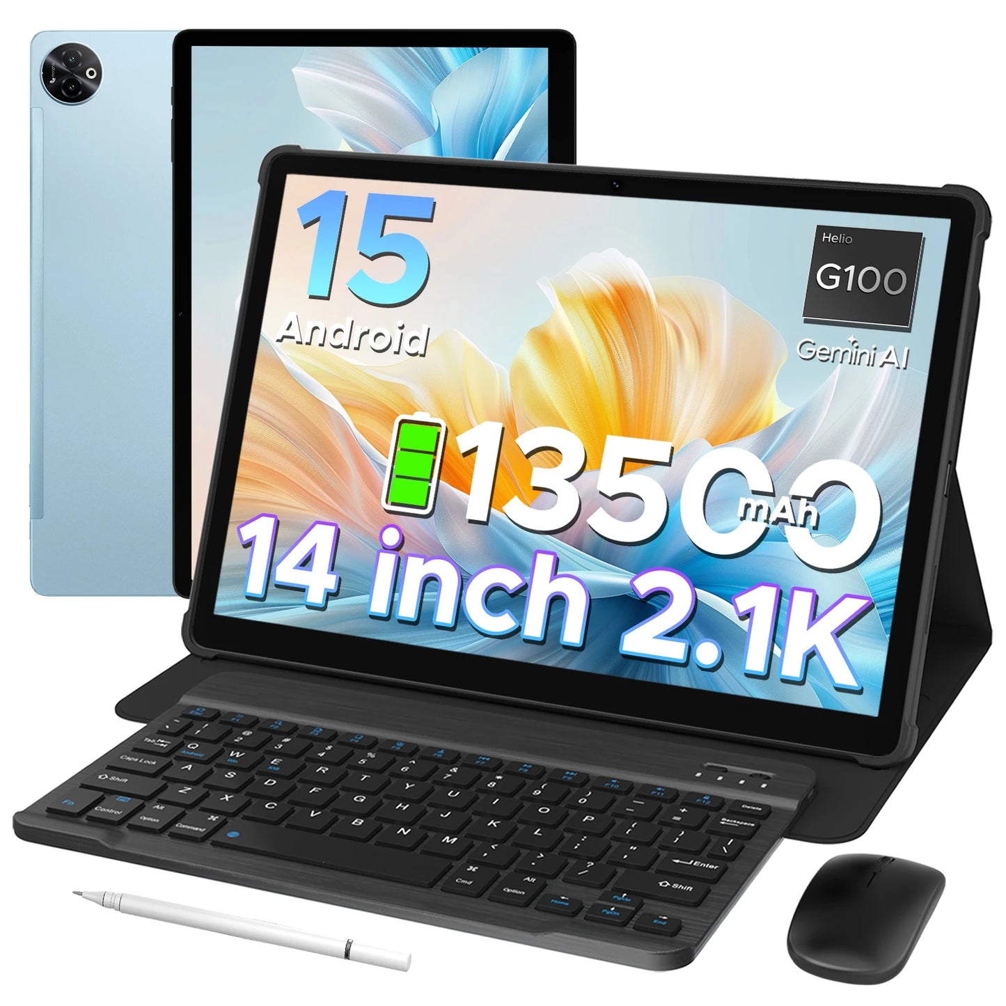 Doogee 2 in 1 Tablet Pc Tab E3 Max Gmini Ai 14" 2.1K Display Android 15 32Gb (8+24) 256Gb 13500Mah Battery Helio G100 Tablet Pc