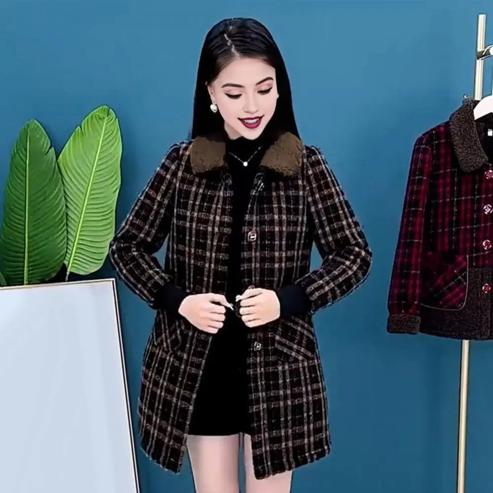 Frauen Plaid Mantel Karierten Winter Mutter Jacke Taschen drehen-unten Kragen einreiher Mid Länge Mantel Mid-aged frauen Mantel.