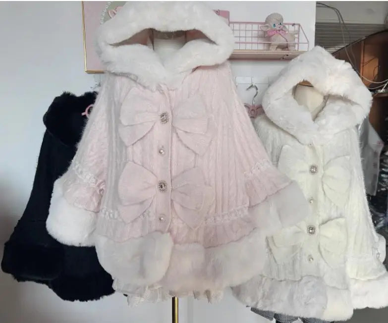Japanische Liz Süße Prinzessin Faux Kaninchen Fell Cape Mantel Frauen Herbst Winter Pelz Jacke Lose Uhr Strass Bogen Mit Kapuze Mantel.