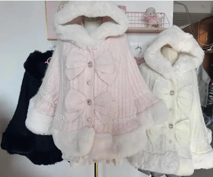 Japanische Liz Süße Prinzessin Faux Kaninchen Fell Cape Mantel Frauen Herbst Winter Pelz Jacke Lose Uhr Strass Bogen Mit Kapuze Mantel.
