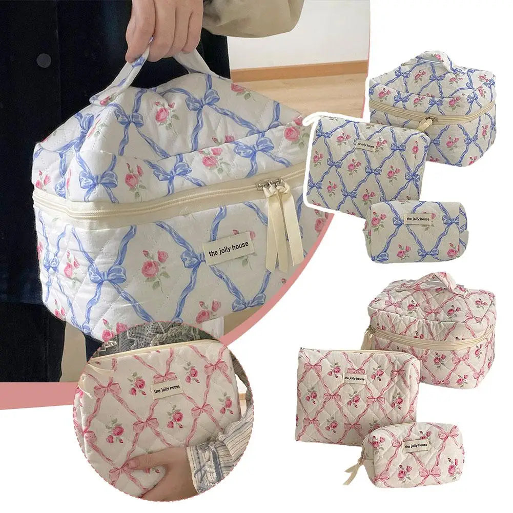 Cute Bow Flower Quilting Makeup Bag Women Zipper Cosmetic Organizer Female Cloth Handbag Portable Toiletry Case For Girls.