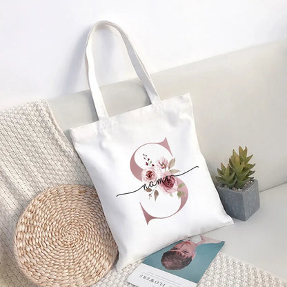 Custom Name White Canvas Tote Bag Large Capacity Foldable Supermarket Shopping Bag for Women Shopper Personalized Handbags.