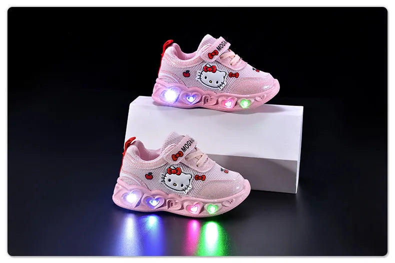 Kids'Casual Shoes Girls Led Light Cartoon PU Leather Fashion Sport Flat Bottom Shoes Breathable White Pink Size 21-30.
