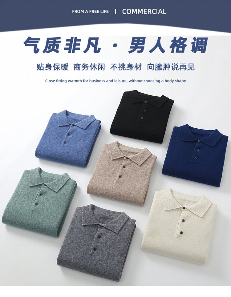 LHZSYY 100%Merino Wool Hot Cardigans Men Lapel Pullover Long Sleeve POLO Neck Sweaters Loose Tops Knit Clothing Large Size Shirt.