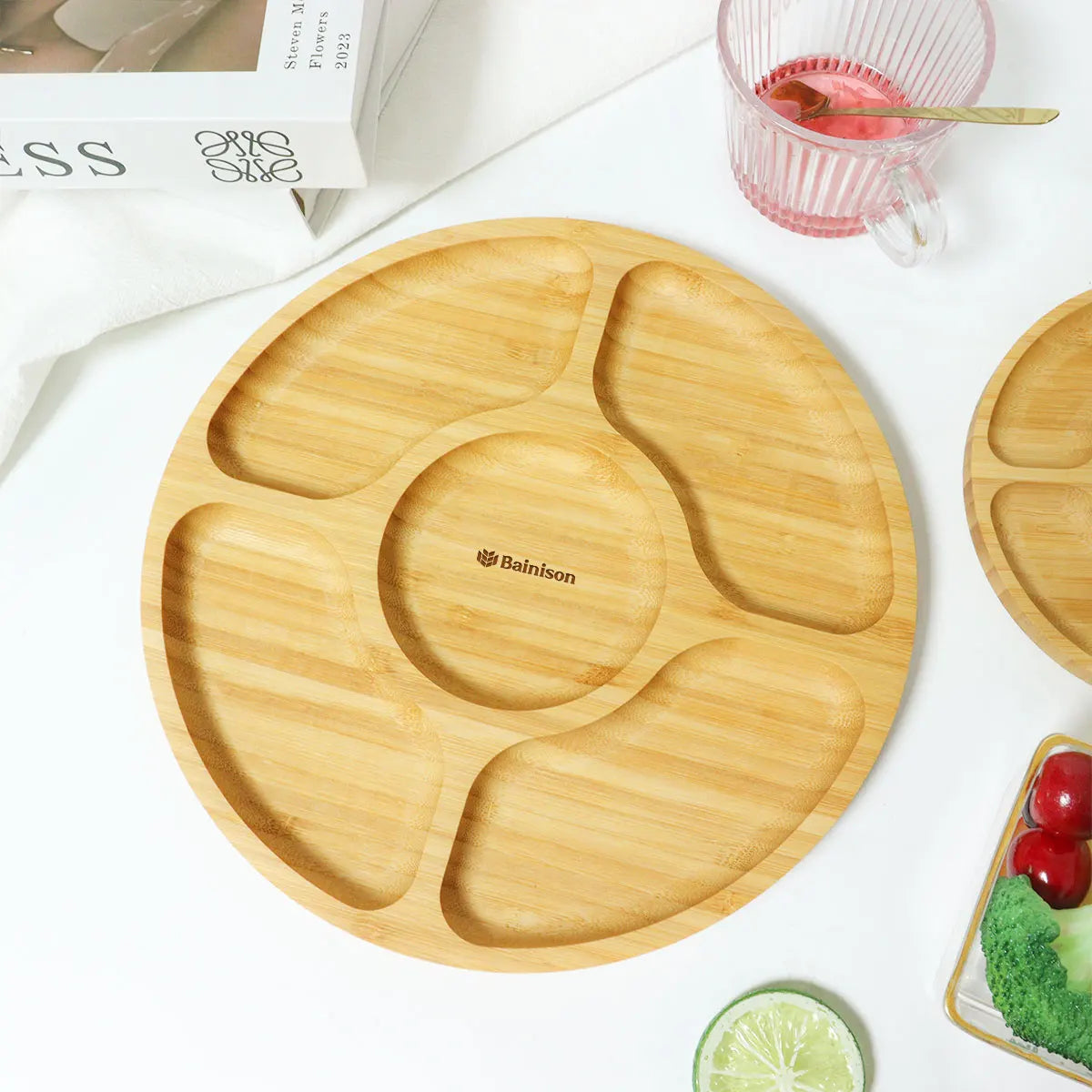 Bainison Bamboo Tray With Compartments-Snack Sorting Platter, Party Candy Buffet Display,Household Kitchen Outdoor Bamboo Tray.