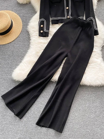 New Autumn Korean Fashion Casual Knit Two Piece Set Women Sweater Cardigan Crop Top + Wide Leg Pant Suits Tracksuit 2 Piece Sets.